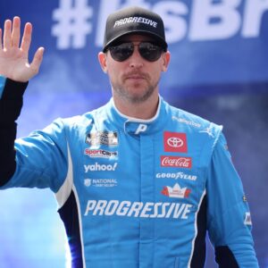 Apr 13, 2025; Bristol, Tennessee, USA; NASCAR Cup Series driver Denny Hamlin (11) during driver introductions for the NASCAR Food City 500 at Bristol Motor Speedway