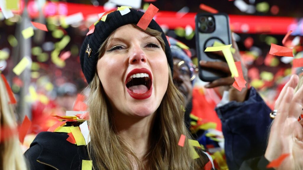 Recording artist Taylor Swift reacts after the AFC Championship game against the Buffalo Bills at GEHA Field at Arrowhead Stadium.