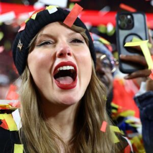 Recording artist Taylor Swift reacts after the AFC Championship game against the Buffalo Bills at GEHA Field at Arrowhead Stadium.