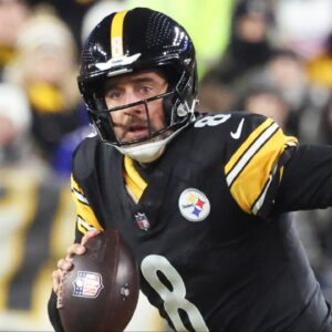 Pittsburgh Steelers quarterback Aaron Rodgers (8) looks to pass during the second quarter against the Buffalo Bills at Acrisure Stadium.