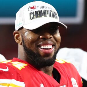 Kansas City Chiefs defensive end Terrell Suggs (94) celebrates after defeating the San Francisco 49ers in Super Bowl LIV at Hard Rock Stadium.