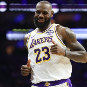 Dec 7, 2025; Philadelphia, Pennsylvania, USA; Los Angeles Lakers forward Lebron James (23) reacts after a play against the Philadelphia 76ers during the second quarter at Xfinity Mobile Arena.