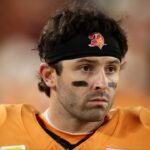 Tampa Bay Buccaneers quarterback Baker Mayfield (6) looks on against the Atlanta Falcons during the fourth quarter at Raymond James Stadium.