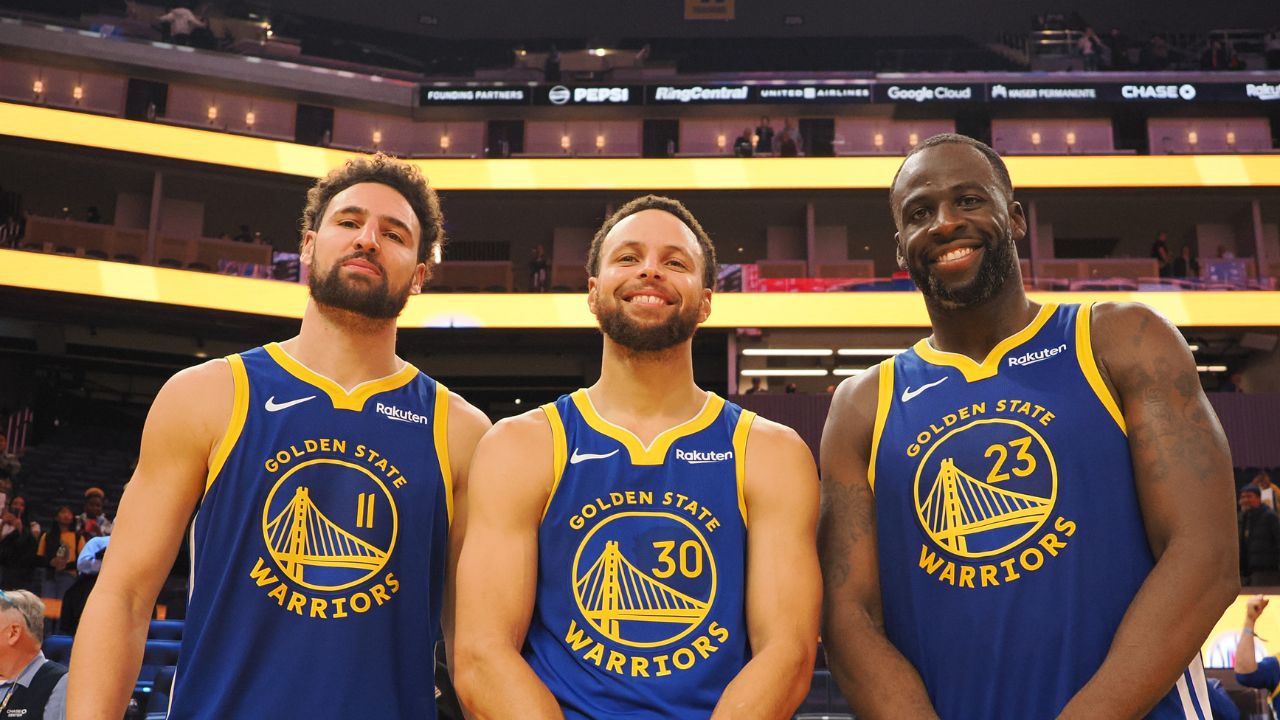 Golden State Warriors guard Klay Thompson (11), guard Stephen Curry (30) and forward Draymond Green (23) after the game against the Los Angeles Clippers at Chase Center.