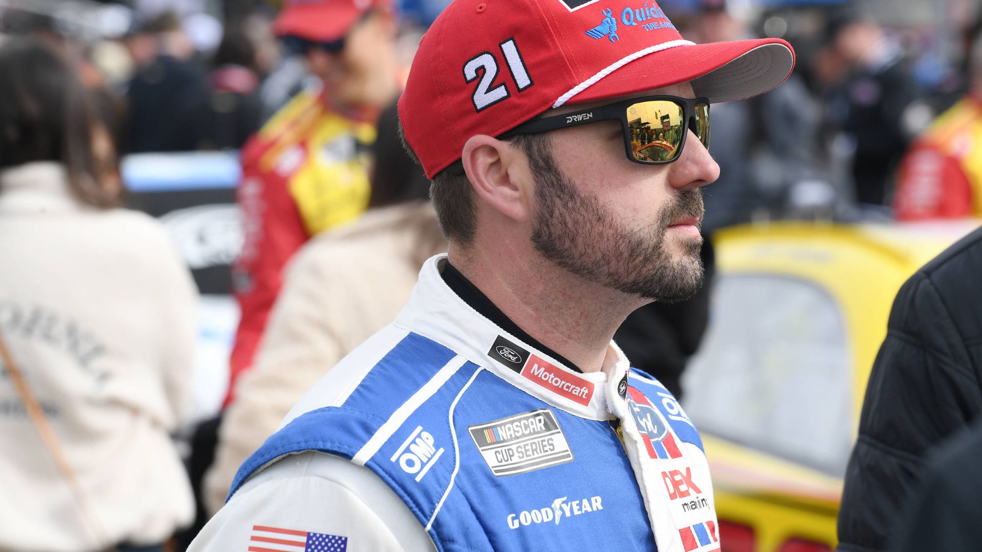 ATLANTA, GA - FEBRUARY 23: Josh Berry ( 21 Wood Brothers Motorcraft Quick Lane Ford) looks on prior to the running of the NASCAR, Motorsport, USA Cup Series Ambetter Health 400 on February 23, 2025, at Atlanta Motor Speedway in Hampton, GA.