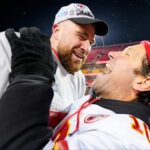 Kansas City Chiefs tight end Travis Kelce (87) celebrate with actor Paul Rudd after winning the AFC Championship game against the Cincinnati Bengals at GEHA Field at Arrowhead Stadium.