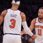 May 21, 2025; New York, New York, USA; New York Knicks guard Jalen Brunson (11) and guard Josh Hart (3) react in the third quarter against the Indiana Pacers during game one of the eastern conference finals for the 2025 NBA Playoffs at Madison Square Garden.