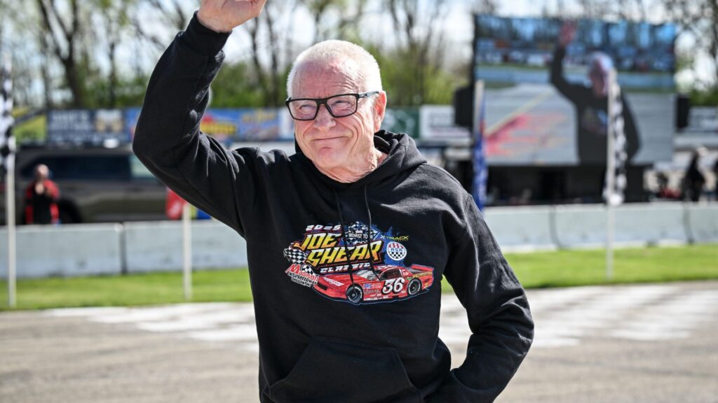 NASCAR Hall of Famer Mark Martin, serving as grand marshal for the ASA Midwest Tour Joe Shear Classic, waves to the crowd Sunday, May 4, 2025, at Madison International Speedway in Town of Rutland, Wisconsin.