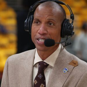 May 25, 2025; Indianapolis, Indiana, USA; Former Indiana Pacers guard Reggie Miller speaks on a broadcast prior to game three of the eastern conference finals for the 2025 NBA Playoffs at Gainbridge Fieldhouse