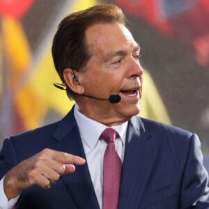 ESPN College GameDay analyst Nick Saban speaks during the live broadcast on the Texas Tech University campus on Nov. 8, 2025 in Lubbock, Texas.
