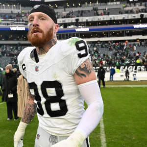 Philadelphia, Pennsylvania, USA; Las Vegas Raiders defensive end Maxx Crosby (98) on the field after loss to the Philadelphia Eagles at Lincoln Financial Field.