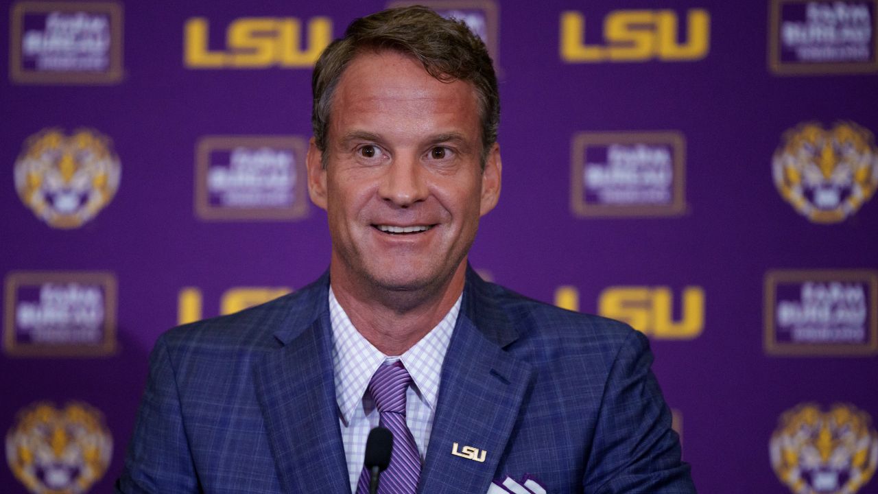 LSU new head coach Lane Kiffin speaks at South Stadium Club at Tiger Stadium.