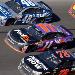 Feb 22, 2015; Daytona Beach, FL, USA; NASCAR Sprint Cup Series drivers Jimmie Johnson (48), Denny Hamlin (11) and Martin Truex Jr. during the Daytona 500 at Daytona International Speedway.