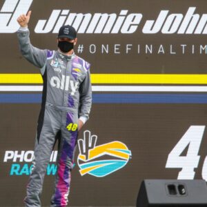 Nov 8, 2020; Avondale, Arizona, USA; NASCAR driver Jimmie Johnson (48) is honored prior to the final start of his career in the NASCAR Cup Series Championship at Phoenix Raceway.