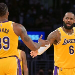 Jan 17, 2022; Los Angeles, California, USA; Los Angeles Lakers center Dwight Howard (39) is met by Los Angeles Lakers forward LeBron James (6) in the first half of the game against the Utah Jazz at Crypto.com Arena