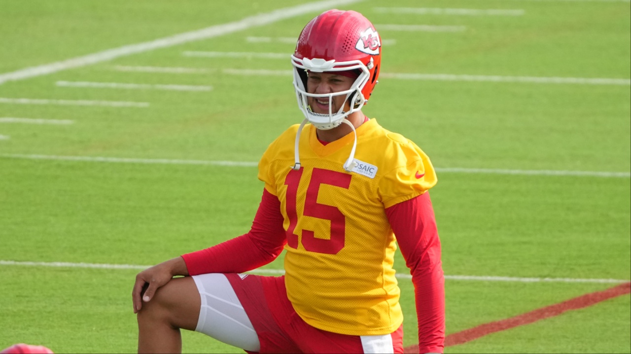 Kansas City Chiefs quarterback Patrick Mahomes (15) stretches during training camp at Missouri Western State University.