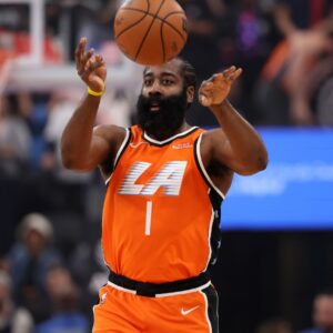 Nov 29, 2025; Inglewood, California, USA; Los Angeles Clippers guard James Harden (1) passes the ball during the first quarter against the Dallas Mavericks at Intuit Dome