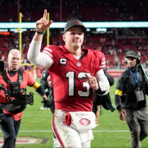 San Francisco 49ers quarterback Brock Purdy (13) leaves the field after the game against the Chicago Bears at Levi's Stadium.