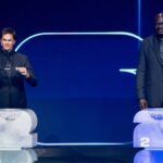 Former National Football League (NFL) Quarterback and seven-time Super Bowl champion Tom Brady draws Spain as Four-time National Basketball Association (NBA) championship winner and Hall of Famer Shaquille O Neal looks on