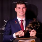 Indiana Hoosiers quarterback Fernando Mendoza poses for photos with the Heisman trophy during a press conference at the New York Marriott Marquis after winning the award.