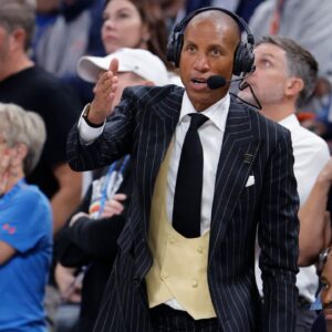 NBC commentator Reggie Miller during overtime between the Houston Rockets and Oklahoma City Thunder at Paycom Center.