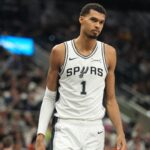 Dec 27, 2025; San Antonio, Texas, USA; San Antonio Spurs forward Victor Wembanyama (1) during the first half against the Utah Jazz at Frost Bank Center.