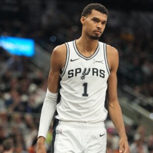 Dec 27, 2025; San Antonio, Texas, USA; San Antonio Spurs forward Victor Wembanyama (1) during the first half against the Utah Jazz at Frost Bank Center.