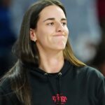 Sep 30, 2025; Las Vegas, Nevada, USA; Indiana Fever guard Caitlin Clark (22) reacts from the bench after a play made by the Las Vegas Aces during the fourth quarter of game five of the second round for the 2025 WNBA Playoffs at Michelob Ultra Arena.