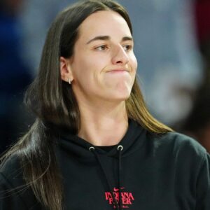 Sep 30, 2025; Las Vegas, Nevada, USA; Indiana Fever guard Caitlin Clark (22) reacts from the bench after a play made by the Las Vegas Aces during the fourth quarter of game five of the second round for the 2025 WNBA Playoffs at Michelob Ultra Arena.