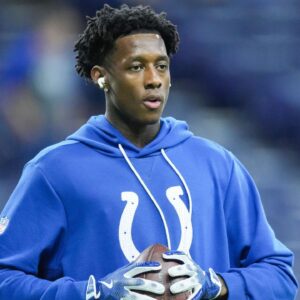 Indianapolis Colts cornerback Sauce Gardner (1) warms-up on the field Sunday, Dec. 28, 2025, ahead of the game against against the Jacksonville Jaguars at Lucas Oil Stadium in Indianapolis.