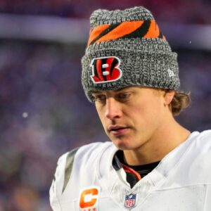 Cincinnati Bengals quarterback Joe Burrow (9) heads for the locker room after the fourth quarter of the NFL Week 14 game between the Buffalo Bills and the Cincinnati Bengals at Highmark Stadium in Orchard Park, N.Y., on Sunday, Dec. 7, 2025. The Bills overcame a halftime deficit to win 39-34.