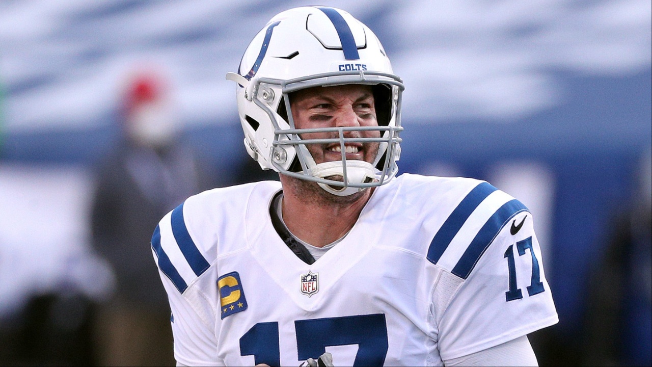 Colts quarterback Philip Rivers is angry with himself after missing a receiver. Jg 010921 Bills 26