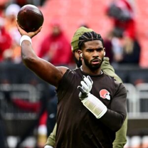 Cleveland Browns quarterback Shedeur Sanders (12) warms up before the game against the San Francisco 49ers at Huntington Bank Field.