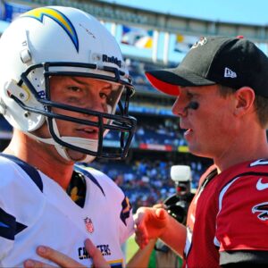 San Diego Chargers quarterback Philip Rivers (17) talks with Atlanta Falcons quarterback Matt Ryan (2) following a 27-3 Falcons win at Qualcomm Stadium.