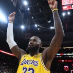 Dec 4, 2025; Toronto, Ontario, CAN; Los Angeles Lakers forward LeBron James (23) reacts after a win over the Toronto Raptors at Scotiabank Arena.