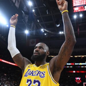 Dec 4, 2025; Toronto, Ontario, CAN; Los Angeles Lakers forward LeBron James (23) reacts after a win over the Toronto Raptors at Scotiabank Arena.