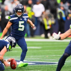Seattle Seahawks place kicker Jason Myers (5) kicks a field goal against the Indianapolis Colts during the second quarter at Lumen Field.