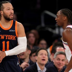 Feb 26, 2025; New York, New York, USA; New York Knicks guard Jalen Brunson (11) looks to in bound the ball against Philadelphia 76ers guard Tyrese Maxey (0) during the fourth quarter at Madison Square Garden