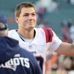 New England Patriots quarterback Drake Maye (10) reacts after defeating the Cincinnati Bengals at Paycor Stadium.