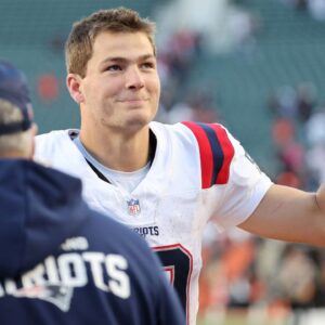 New England Patriots quarterback Drake Maye (10) reacts after defeating the Cincinnati Bengals at Paycor Stadium.