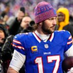 Buffalo Bills quarterback Josh Allen (17) walks off the field after the fourth quarter of the NFL Week 14 game between the Buffalo Bills and the Cincinnati Bengals at Highmark Stadium in Orchard Park, N.Y., on Sunday, Dec. 7, 2025. The Bills overcame a halftime deficit to win 39-34.