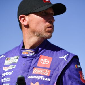 Oct 11, 2025; Las Vegas, Nevada, USA; NASCAR Cup Series driver Denny Hamlin (11) during qualifying for the South Point 400 at Las Vegas Motor Speedway