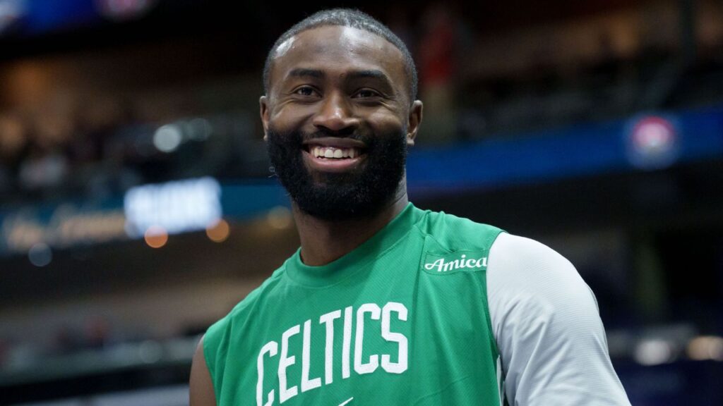 Boston Celtics guard Jaylen Brown (7) smiles during the second half against the New Orleans Pelicans at Smoothie King Center.