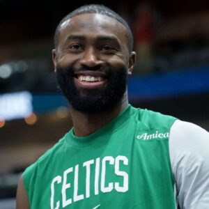Boston Celtics guard Jaylen Brown (7) smiles during the second half against the New Orleans Pelicans at Smoothie King Center.