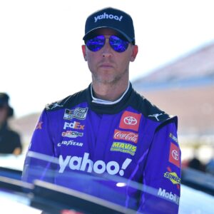 Oct 19, 2024; Las Vegas, Nevada, USA; NASCAR Cup Series driver Denny Hamlin (11) during qualifying for the South Point 400 at Las Vegas Motor Speedway.