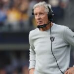 Las Vegas Raiders head coach Pete Carroll during the first half at SoFi Stadium.