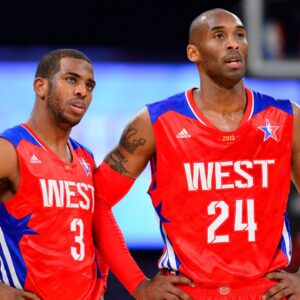 Feb 17, 2013; Houston, TX, USA; Western Conference guard Kobe Bryant (24) of the Los Angeles Lakers and guard Chris Paul (3) of the Los Angeles Clippers in the fourth quarter of the 2013 NBA all star game at the Toyota Center