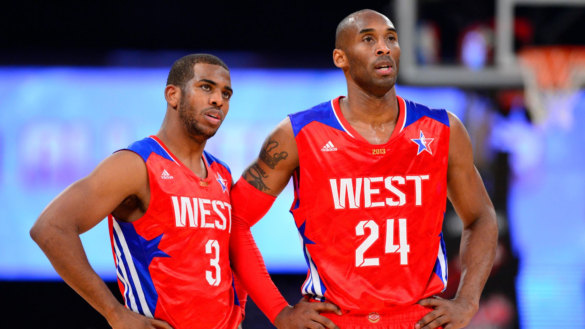 Feb 17, 2013; Houston, TX, USA; Western Conference guard Kobe Bryant (24) of the Los Angeles Lakers and guard Chris Paul (3) of the Los Angeles Clippers in the fourth quarter of the 2013 NBA all star game at the Toyota Center