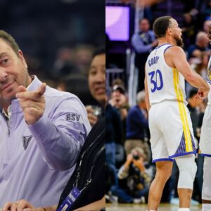 Joe Lacob(L), Stephen Curry and Draymond Green(R)