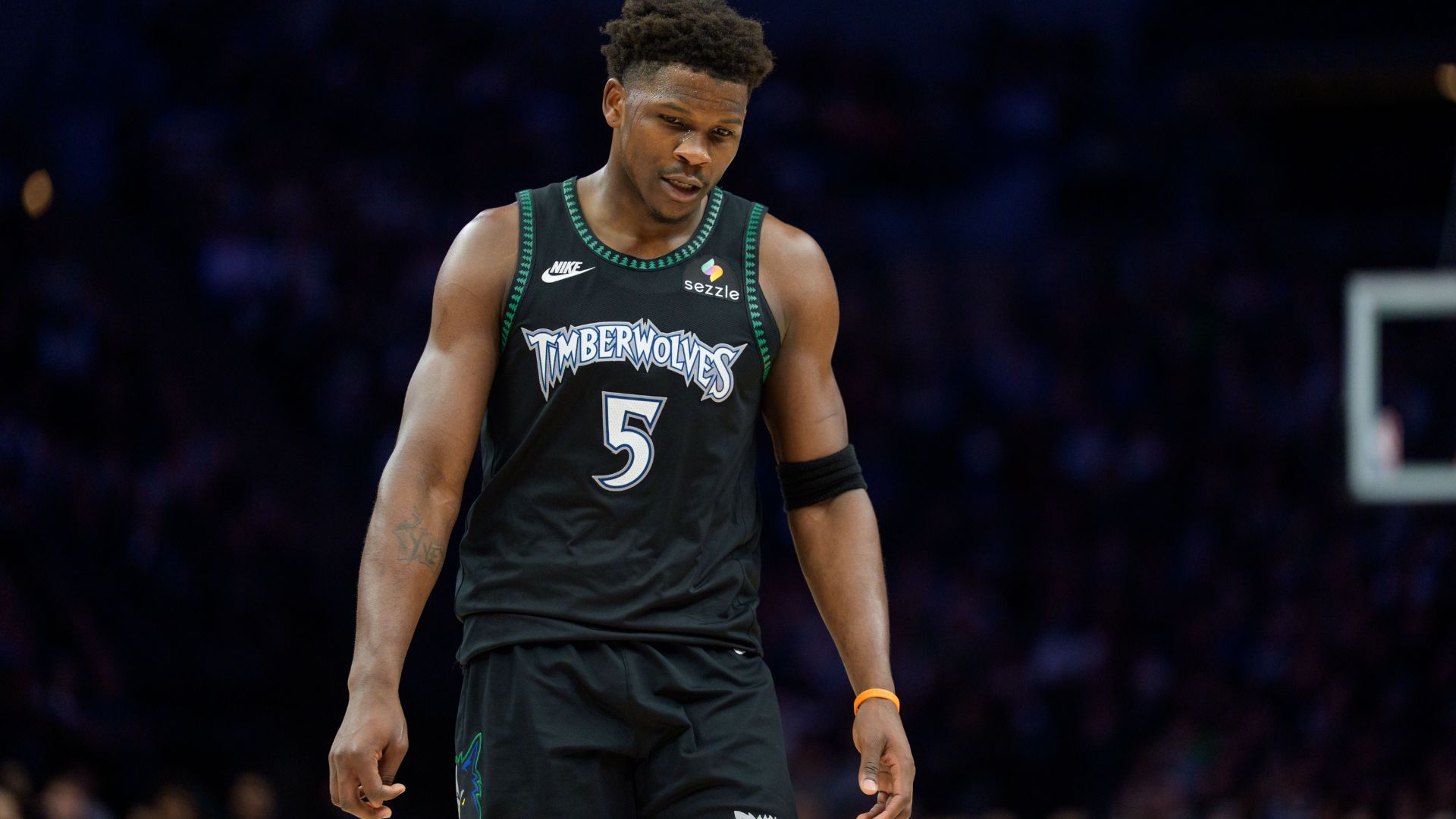 Dec 6, 2025; Minneapolis, Minnesota, USA; Minnesota Timberwolves guard Anthony Edwards (5) during a stoppage in play against the LA Clippers in the third quarter at Target Center.
